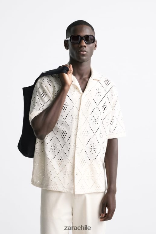 ropa cl Zara hombres camisa con textura de crochet ostra blanca JJ06N41012