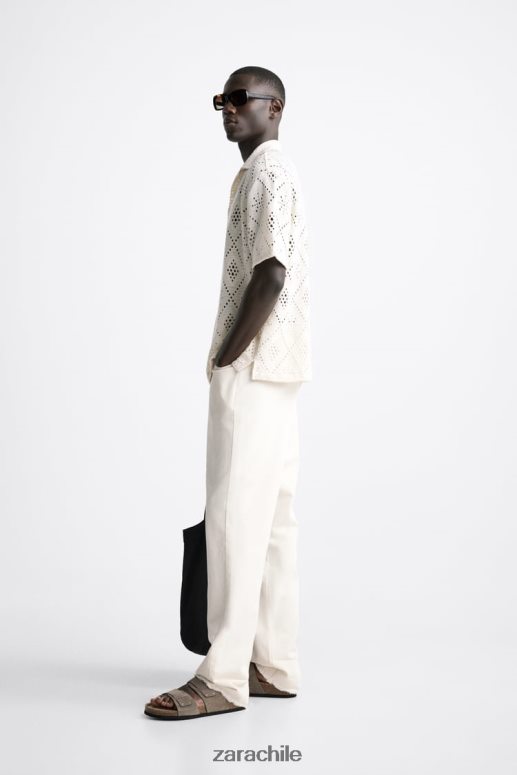 ropa cl Zara hombres camisa con textura de crochet ostra blanca JJ06N41012