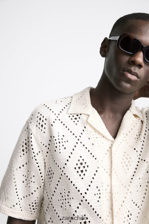 ropa cl Zara hombres camisa con textura de crochet ostra blanca JJ06N41012