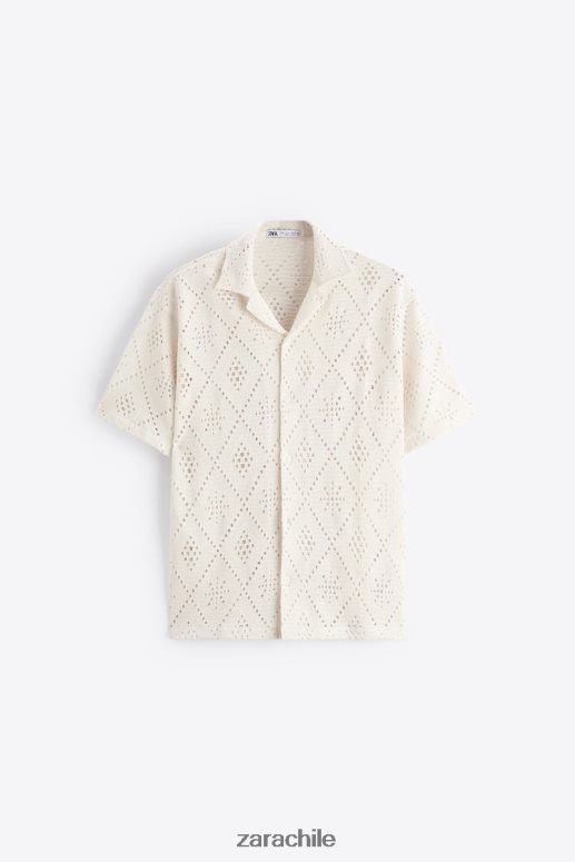 ropa cl Zara hombres camisa con textura de crochet ostra blanca JJ06N41012