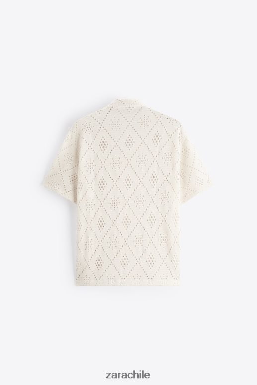 ropa cl Zara hombres camisa con textura de crochet ostra blanca JJ06N41012