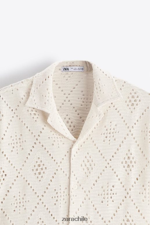 ropa cl Zara hombres camisa con textura de crochet ostra blanca JJ06N41012