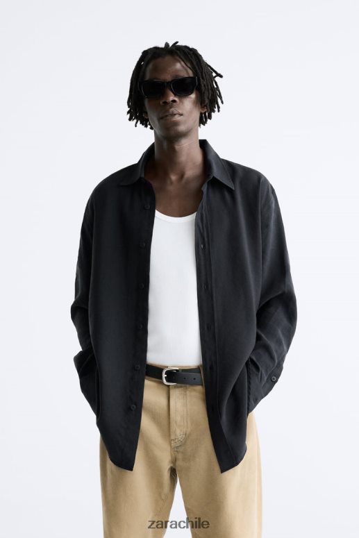ropa cl Zara hombres camisa fluida en mezcla de modal negro JJ06N4972