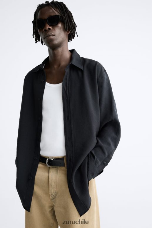 ropa cl Zara hombres camisa fluida en mezcla de modal negro JJ06N4972