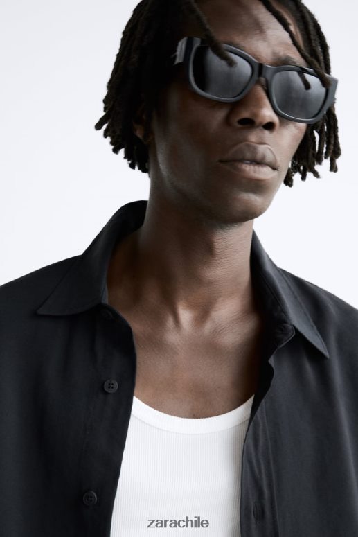 ropa cl Zara hombres camisa fluida en mezcla de modal negro JJ06N4972