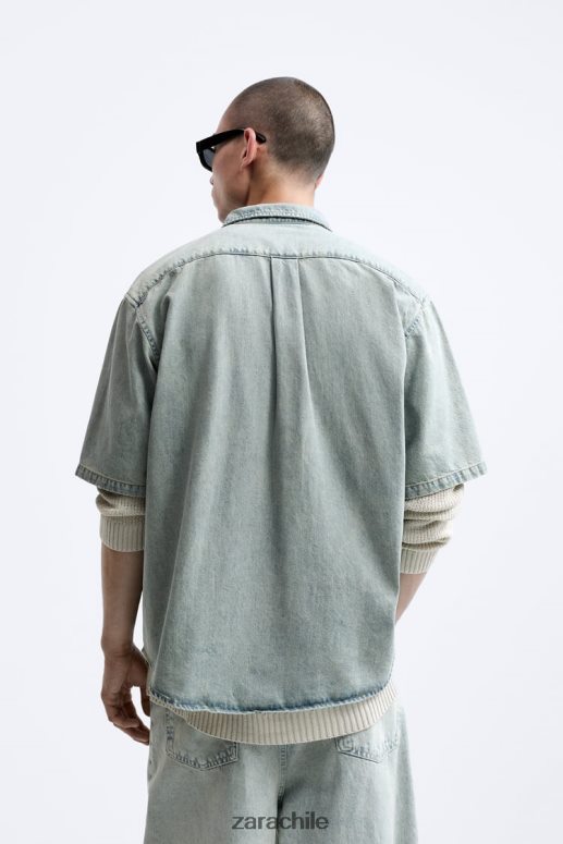 ropa cl Zara hombres camisa vaquera con bolsillo azul JJ06N4985