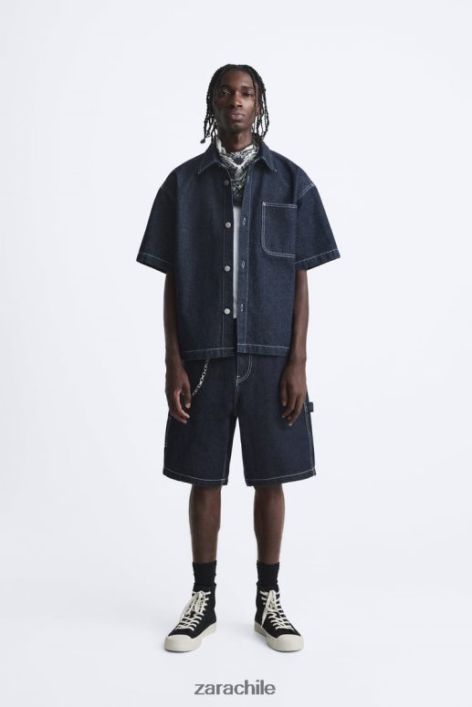 ropa cl Zara hombres camisa vaquera con costuras azul JJ06N4978