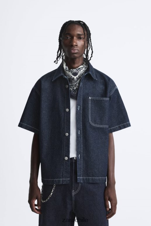 ropa cl Zara hombres camisa vaquera con costuras azul JJ06N4978