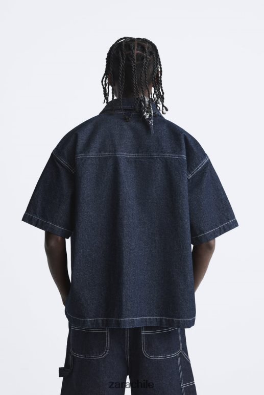 ropa cl Zara hombres camisa vaquera con costuras azul JJ06N4978