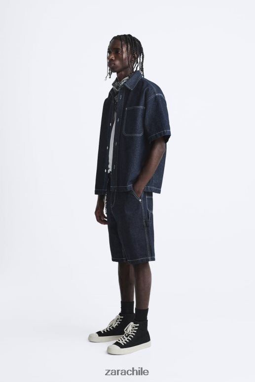 ropa cl Zara hombres camisa vaquera con costuras azul JJ06N4978