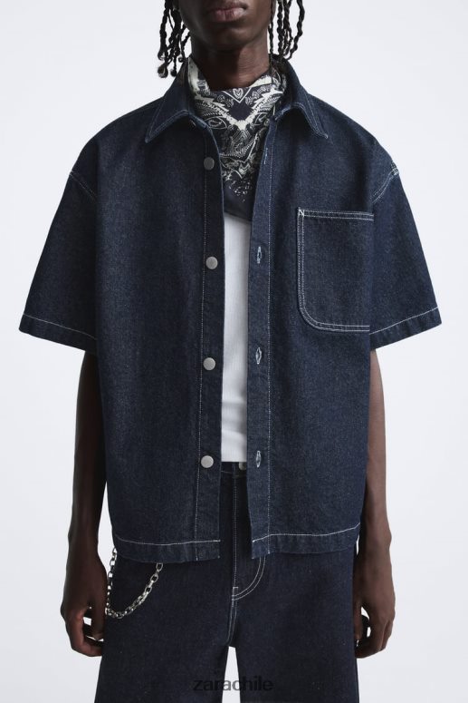 ropa cl Zara hombres camisa vaquera con costuras azul JJ06N4978