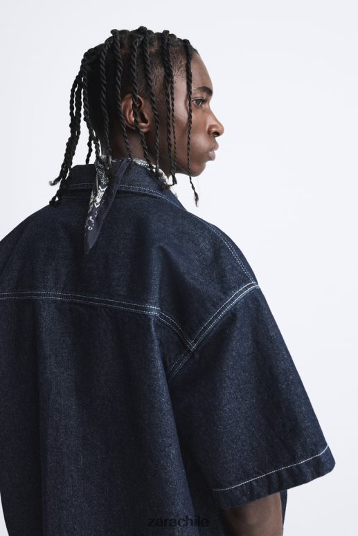 ropa cl Zara hombres camisa vaquera con costuras azul JJ06N4978