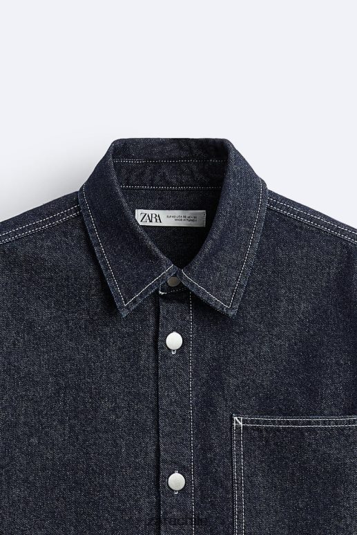ropa cl Zara hombres camisa vaquera con costuras azul JJ06N4978