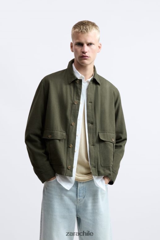 ropa cl Zara hombres sobrecamisa de lino y algodón caqui JJ06N41172
