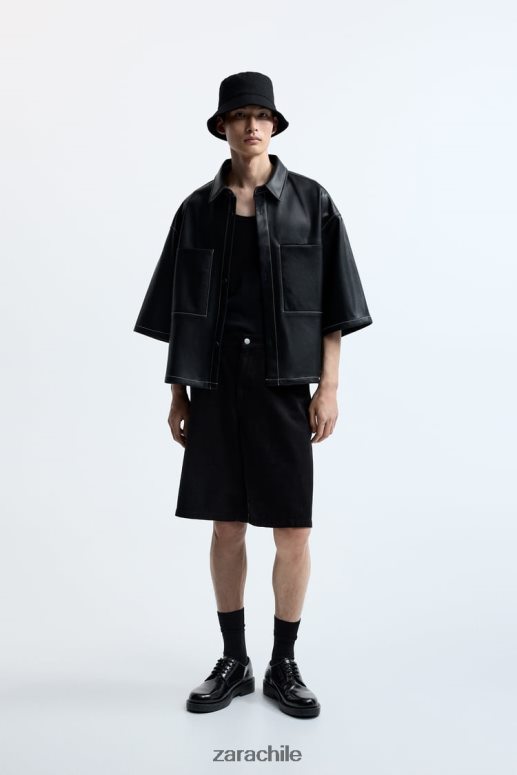ropa cl Zara hombres sobrecamisa de piel sintética negro JJ06N41181
