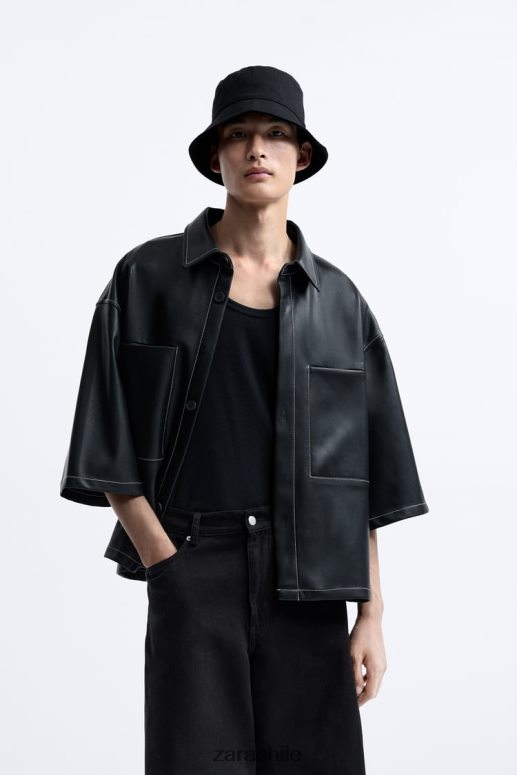 ropa cl Zara hombres sobrecamisa de piel sintética negro JJ06N41181