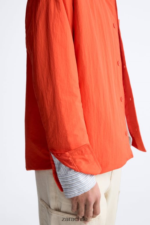 ropa cl Zara hombres sobrecamisa técnica acolchada naranja neón JJ06N41178