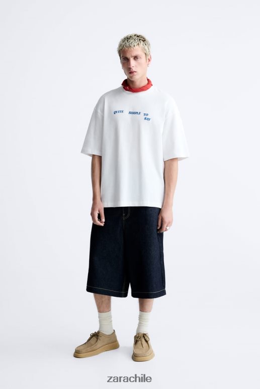 ropa cl Zara hombres camiseta con texto mixto blanco JJ06N41215