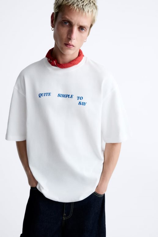 ropa cl Zara hombres camiseta con texto mixto blanco JJ06N41215
