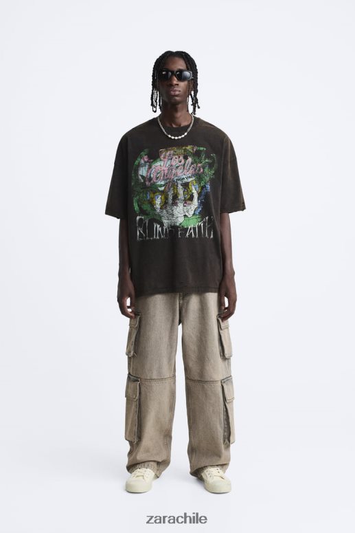 ropa cl Zara hombres camiseta estampada lavada marrón JJ06N41206