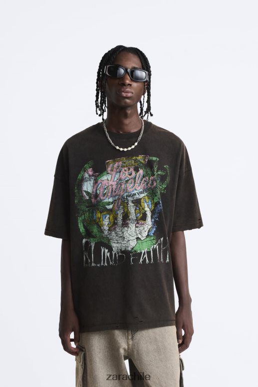 ropa cl Zara hombres camiseta estampada lavada marrón JJ06N41206