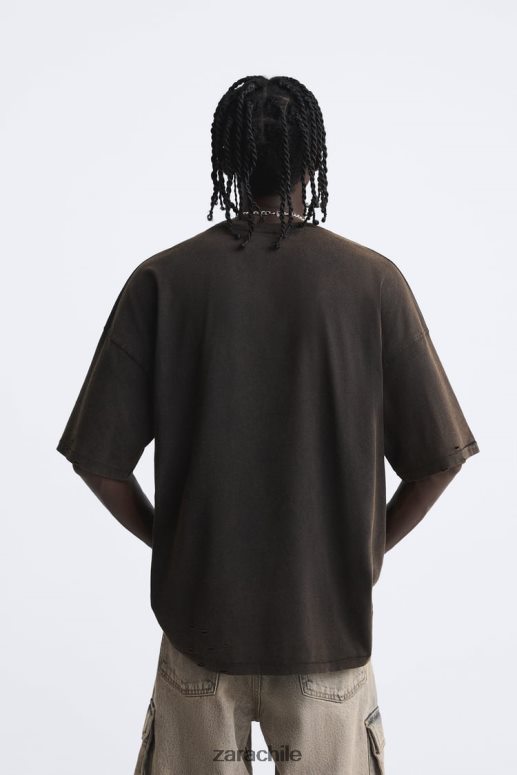 ropa cl Zara hombres camiseta estampada lavada marrón JJ06N41206