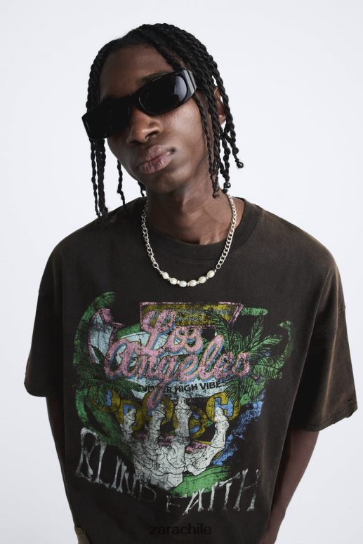 ropa cl Zara hombres camiseta estampada lavada marrón JJ06N41206