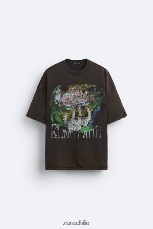 ropa cl Zara hombres camiseta estampada lavada marrón JJ06N41206