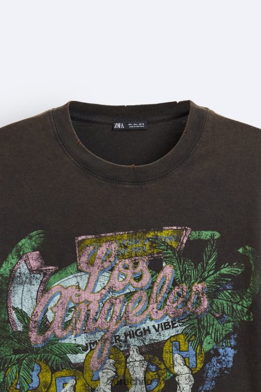 ropa cl Zara hombres camiseta estampada lavada marrón JJ06N41206