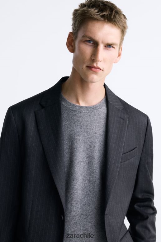 ropa cl Zara hombres Chaqueta de traje a rayas diplomáticas 100% lana gris antracita JJ06N41149