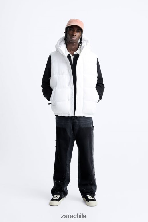 ropa cl Zara hombres chaleco acolchado con capucha blanco JJ06N41112
