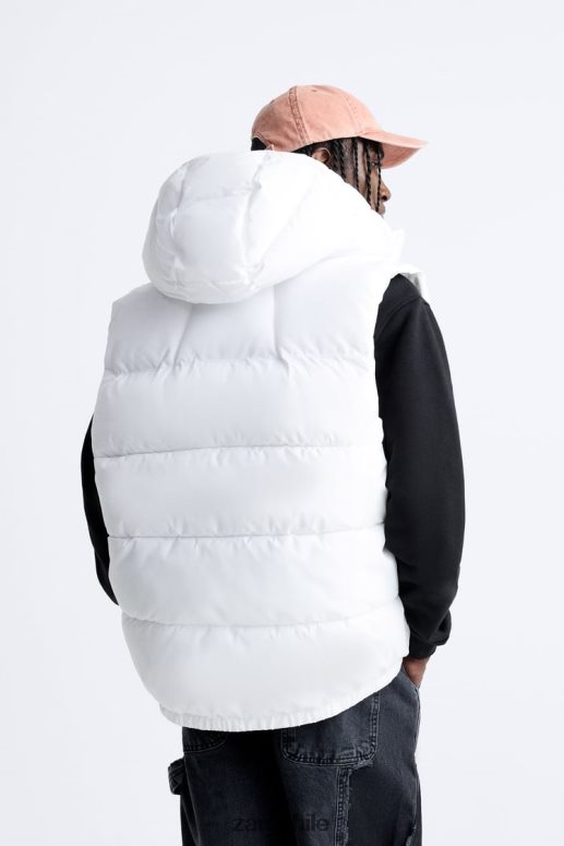 ropa cl Zara hombres chaleco acolchado con capucha blanco JJ06N41112