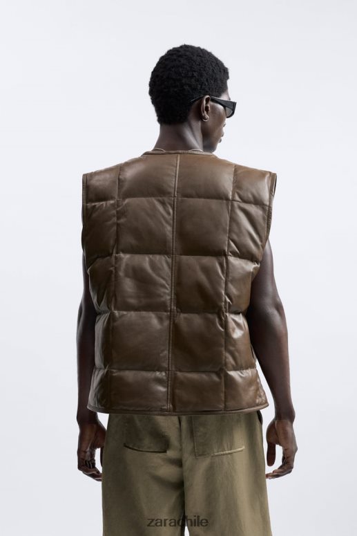 ropa cl Zara hombres chaleco acolchado de cuero edición limitada marrón/topo JJ06N41127