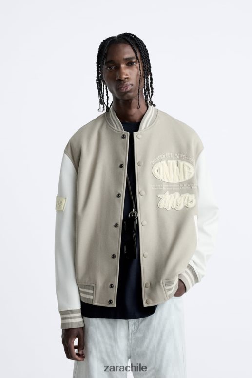 ropa cl Zara hombres chaqueta bomber con parche ostra blanca JJ06N41132