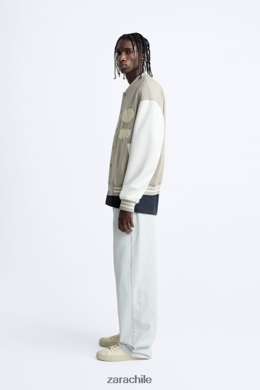 ropa cl Zara hombres chaqueta bomber con parche ostra blanca JJ06N41132