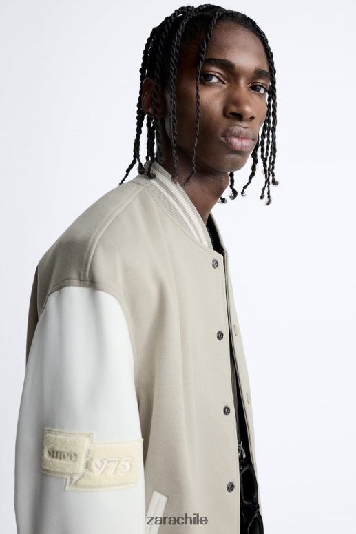 ropa cl Zara hombres chaqueta bomber con parche ostra blanca JJ06N41132