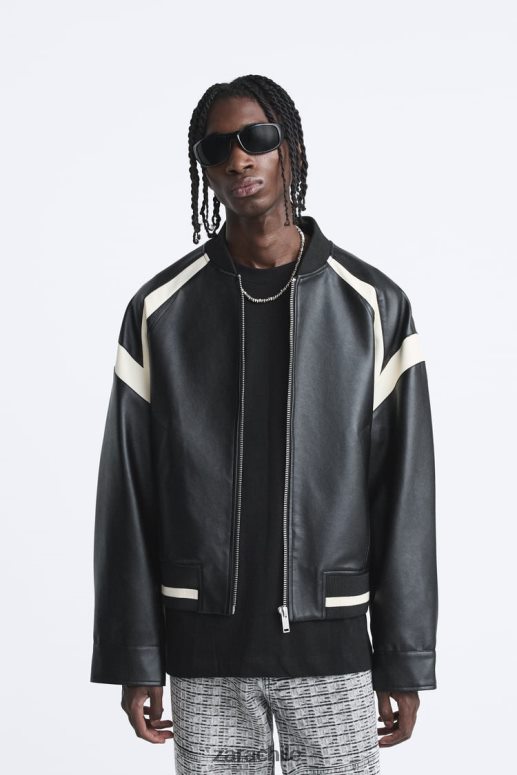 ropa cl Zara hombres chaqueta bomber de piel sintética en contraste negro JJ06N41110