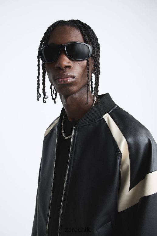 ropa cl Zara hombres chaqueta bomber de piel sintética en contraste negro JJ06N41110