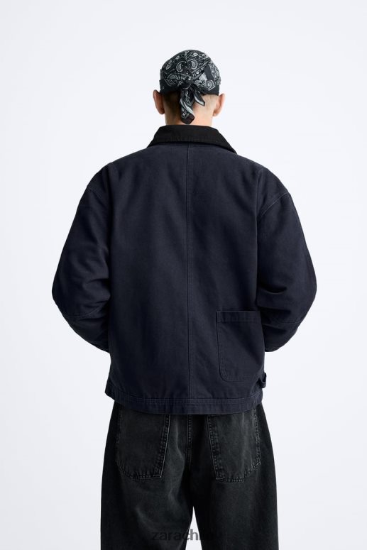 ropa cl Zara hombres chaqueta con cuello mixto azul JJ06N41106