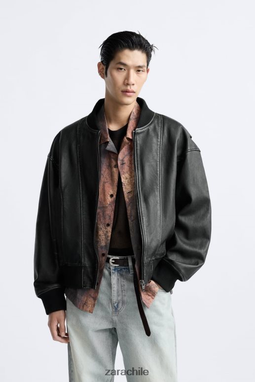 ropa cl Zara hombres chaqueta de cuero vintage negro JJ06N41114