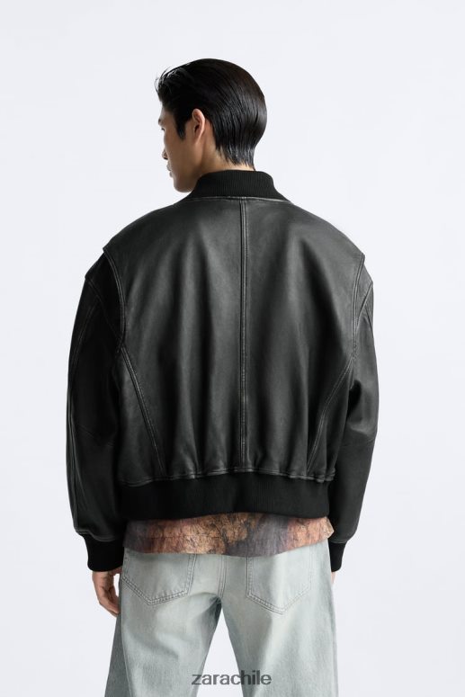 ropa cl Zara hombres chaqueta de cuero vintage negro JJ06N41114