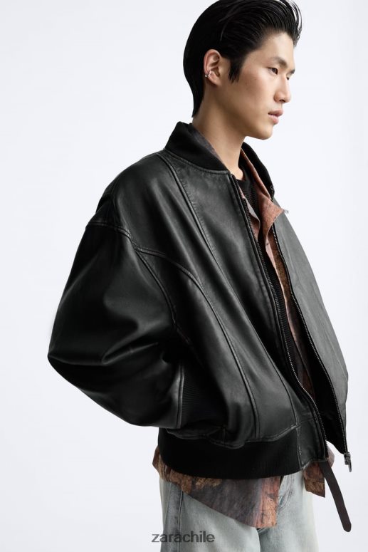 ropa cl Zara hombres chaqueta de cuero vintage negro JJ06N41114