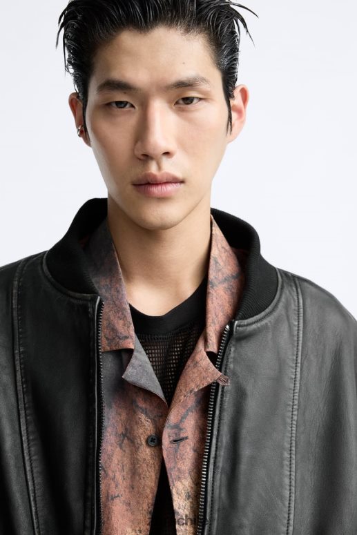 ropa cl Zara hombres chaqueta de cuero vintage negro JJ06N41114