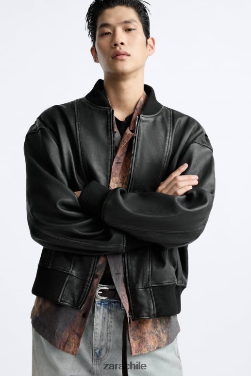 ropa cl Zara hombres chaqueta de cuero vintage negro JJ06N41114