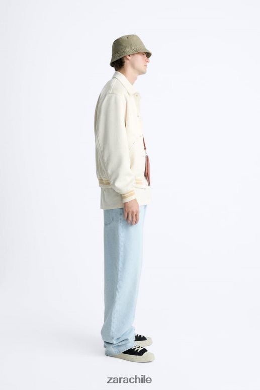 ropa cl Zara hombres chaqueta de gamuza sintética bordada ostra blanca JJ06N41128