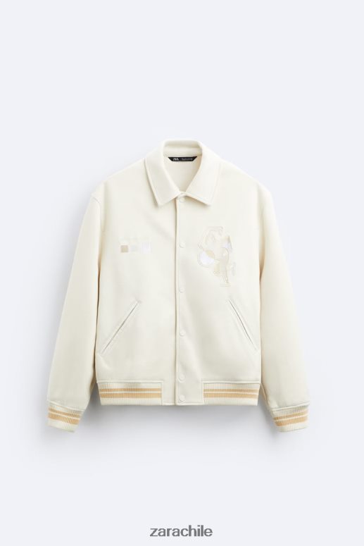 ropa cl Zara hombres chaqueta de gamuza sintética bordada ostra blanca JJ06N41128