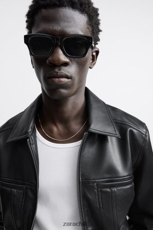ropa cl Zara hombres chaqueta de piel sintética negro JJ06N41121