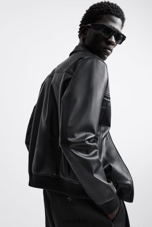 ropa cl Zara hombres chaqueta de piel sintética negro JJ06N41121