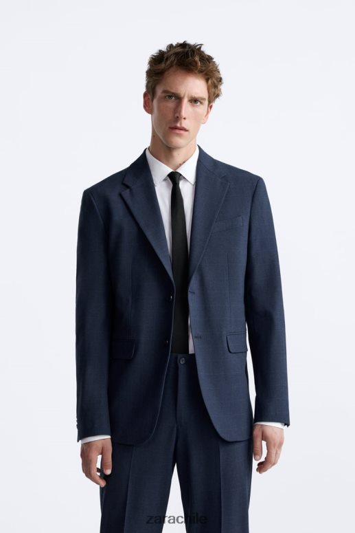 ropa cl Zara hombres chaqueta de traje a cuadros azulado JJ06N41137