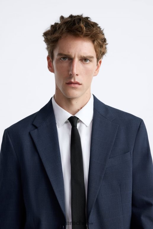 ropa cl Zara hombres chaqueta de traje a cuadros azulado JJ06N41137